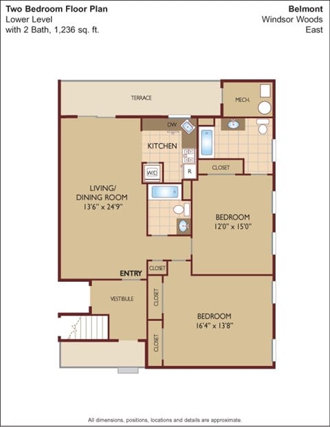 Floor plan for 2 beds, 2 baths, 1135 sqft